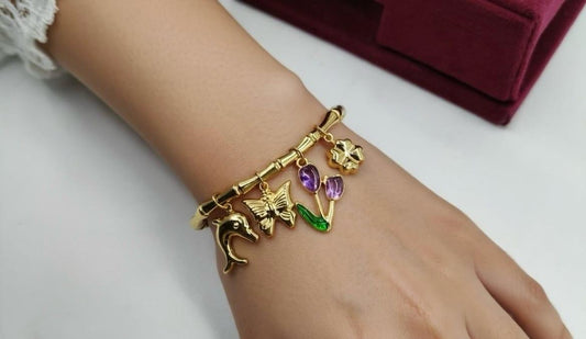 "Bamboo Style Gold-Plated Charm Bangle",