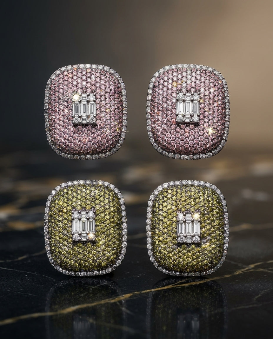 "Imperial Gaze Colored Diamond Cluster Earrings."