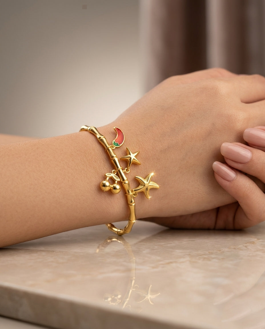 "Bamboo Style Gold-Plated Charm Bangle",