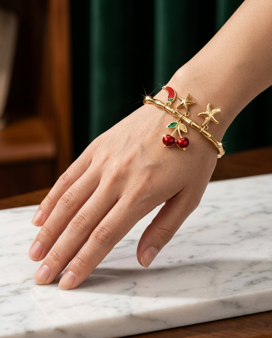 "Bamboo Style Gold-Plated Charm Bangle",