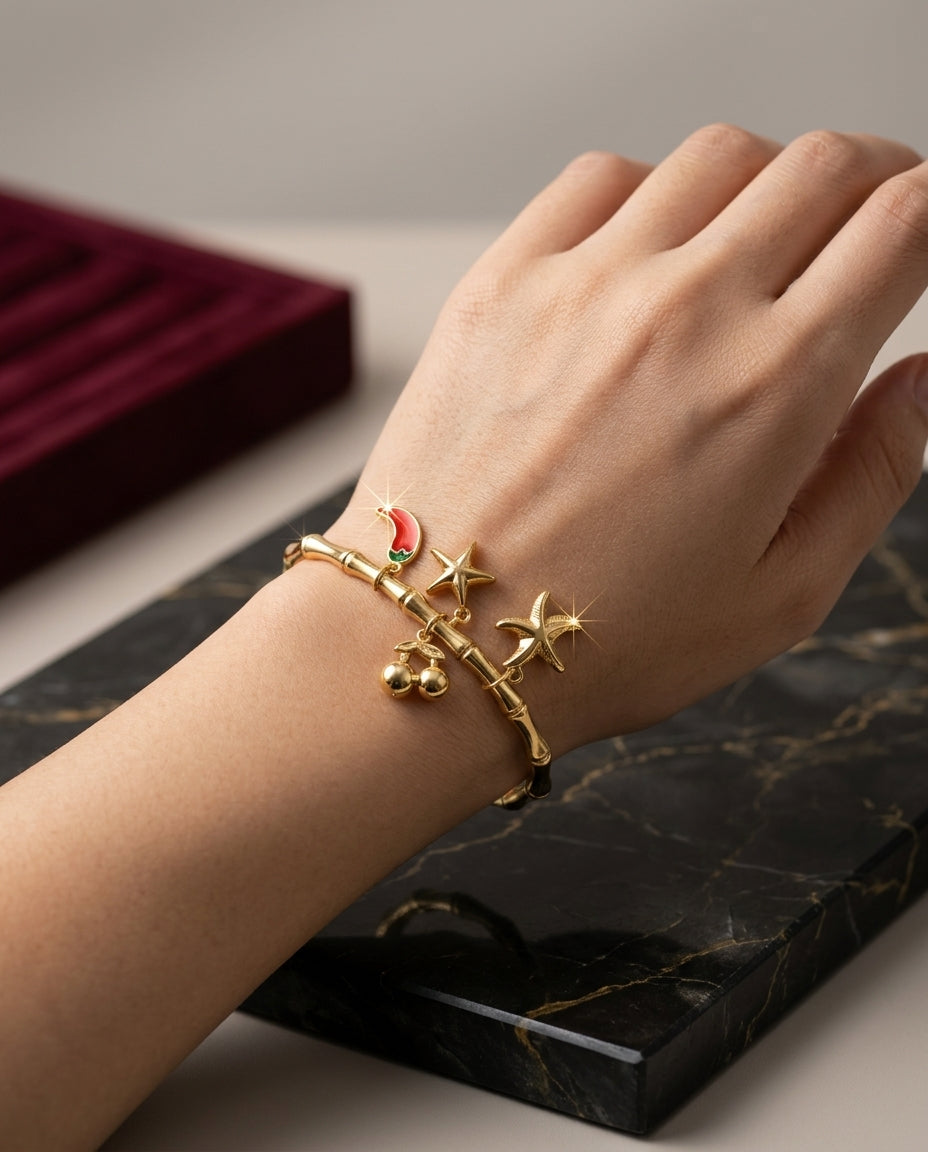 "Bamboo Style Gold-Plated Charm Bangle",