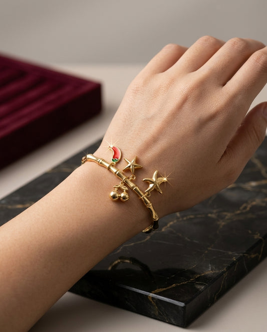"Bamboo Style Gold-Plated Charm Bangle",