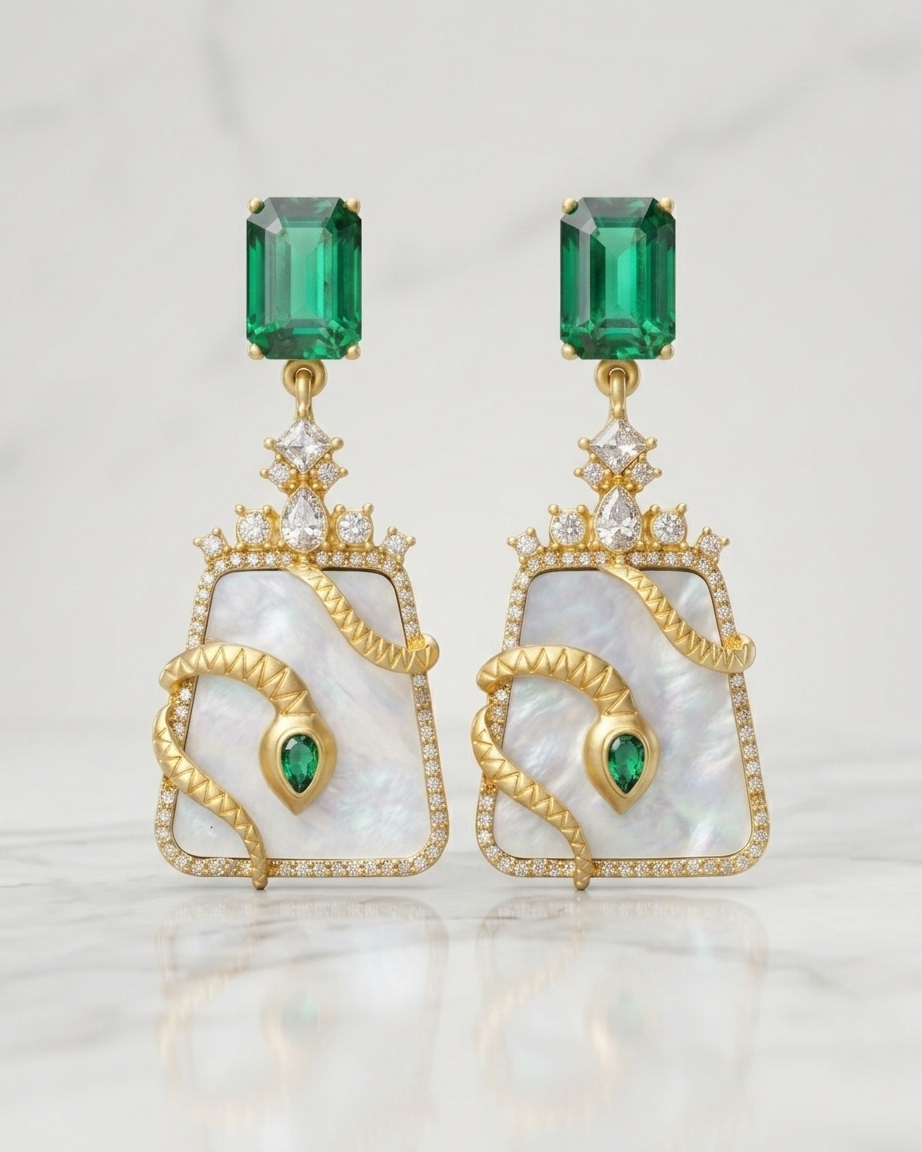 Emerald & Mother-of-Pearl Serpent Statement Earrings