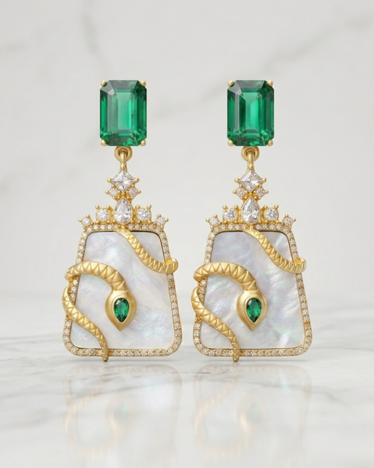 Emerald & Mother-of-Pearl Serpent Statement Earrings