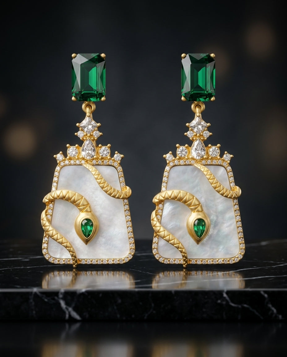 Emerald & Mother-of-Pearl Serpent Statement Earrings