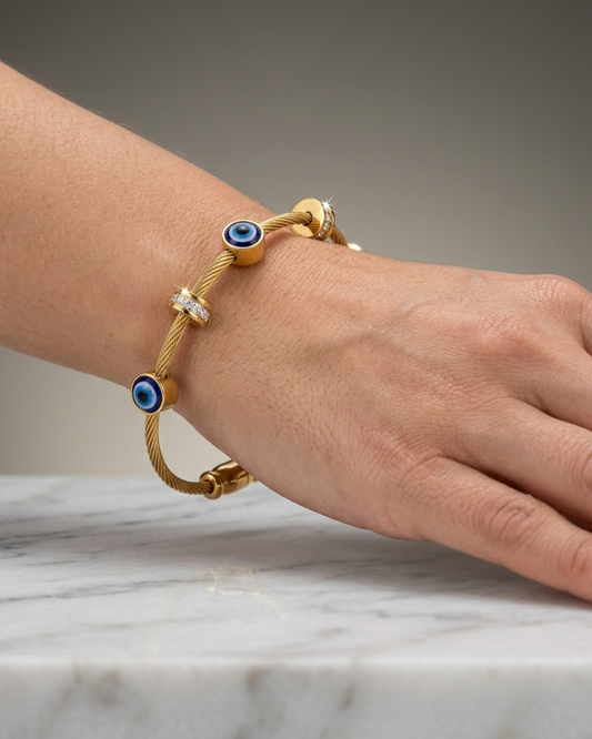 "Golden Cable Evil Eye Charm Bangle"