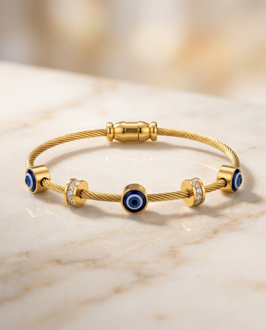 "Golden Cable Evil Eye Charm Bangle"